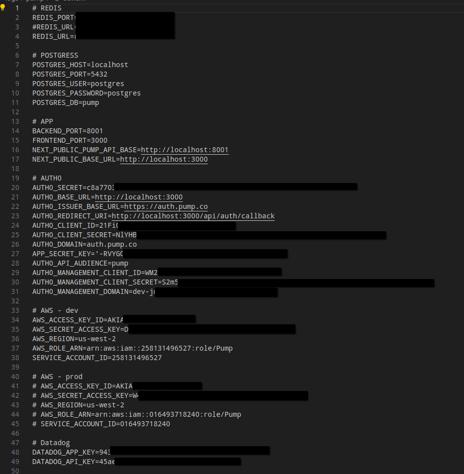Redacted production environment file