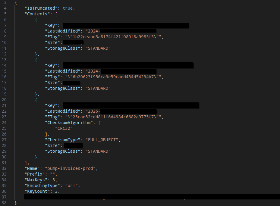 Redacted S3 bucket listing from pump-invoices-prod